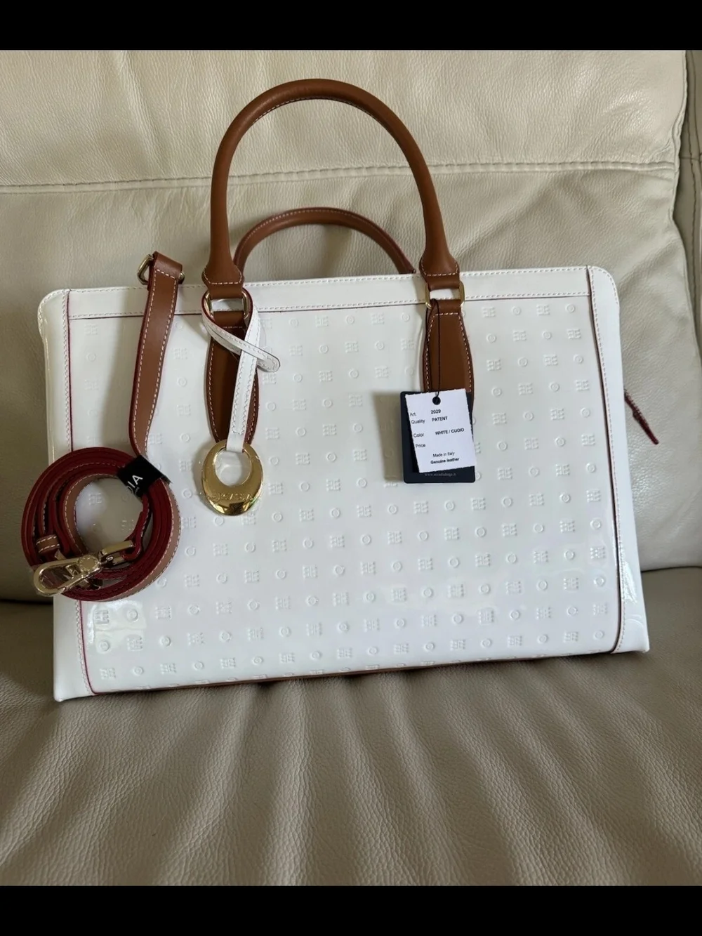 Arcadia Italian Leather White,Brown & Red Piping Patent Bag.